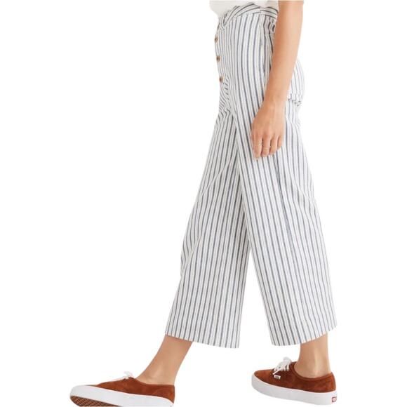 Madewell Emmett Wide-Leg Crop Pants Button Front High Moe Stripe Blue White 30 - Picture 1 of 6
